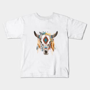Native Americans Goat Skull War Bonnet Feather Pattern Kids T-Shirt